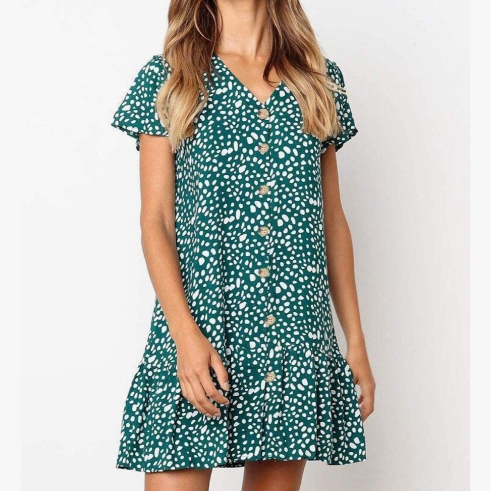 Green and White Short Sleeve Patterned Ruffle Mini Dress
